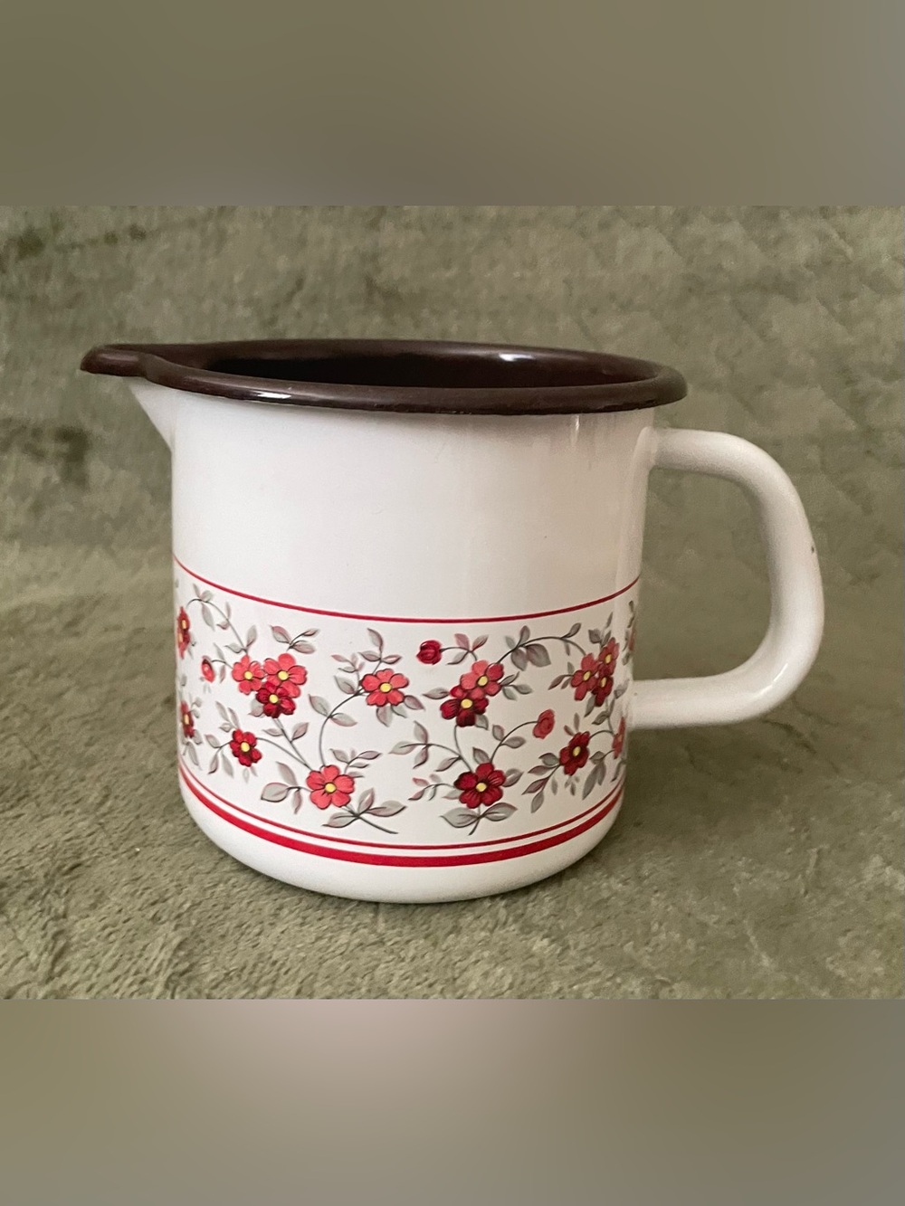 White Floral Vintage Baumann Enamel Pitcher with Brown Rim / Center